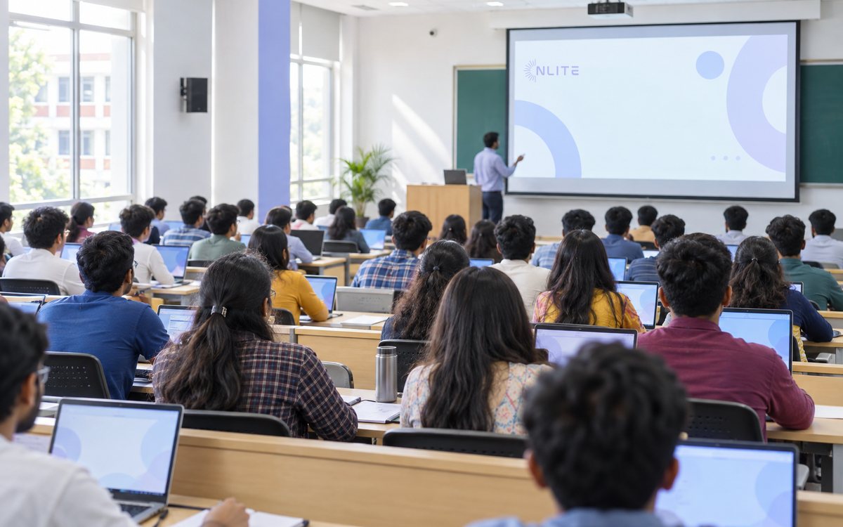 Indian students in a campus classroom training session with laptops.